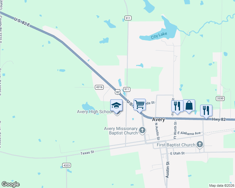 map of restaurants, bars, coffee shops, grocery stores, and more near 220 U.S. 82 in Avery