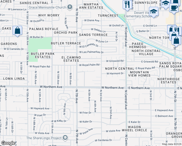 map of restaurants, bars, coffee shops, grocery stores, and more near 341 West Harmont Drive in Phoenix