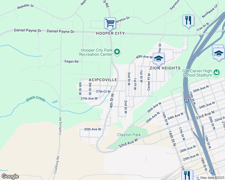 map of restaurants, bars, coffee shops, grocery stores, and more near 3717 4th Street West in Birmingham