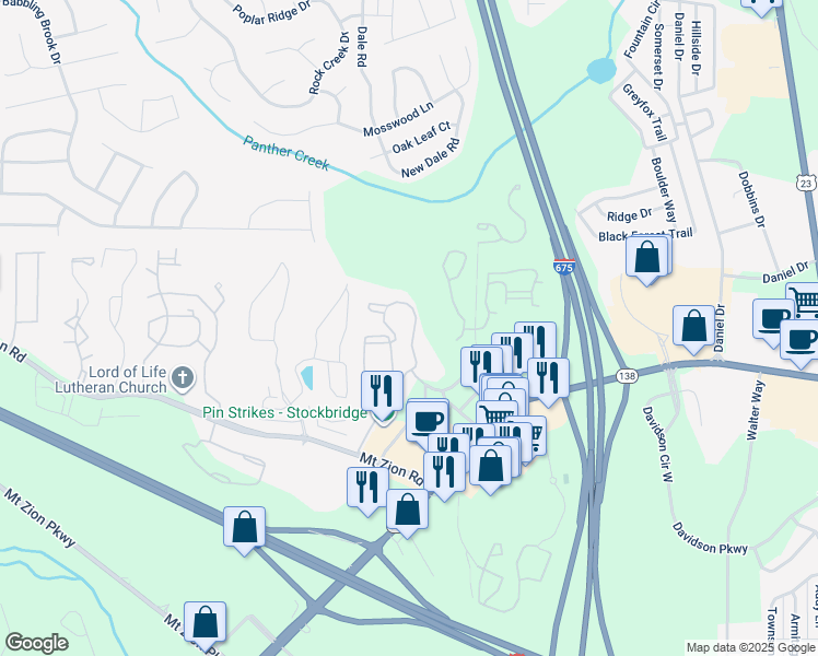 map of restaurants, bars, coffee shops, grocery stores, and more near 1406 Cameron Landing Drive in Stockbridge