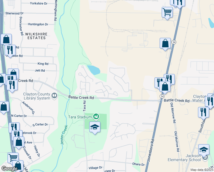 map of restaurants, bars, coffee shops, grocery stores, and more near 1110 Battle Creek Road in Jonesboro