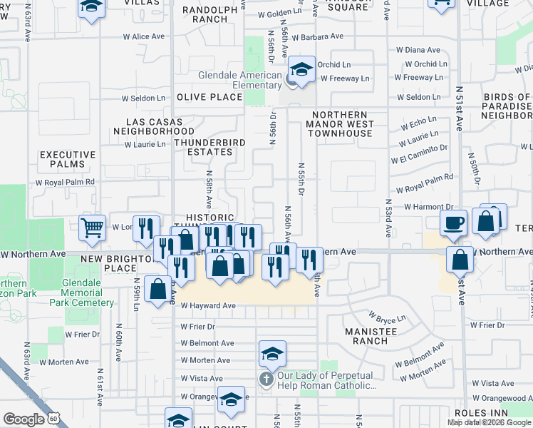 map of restaurants, bars, coffee shops, grocery stores, and more near 5668 West Loma Lane in Glendale