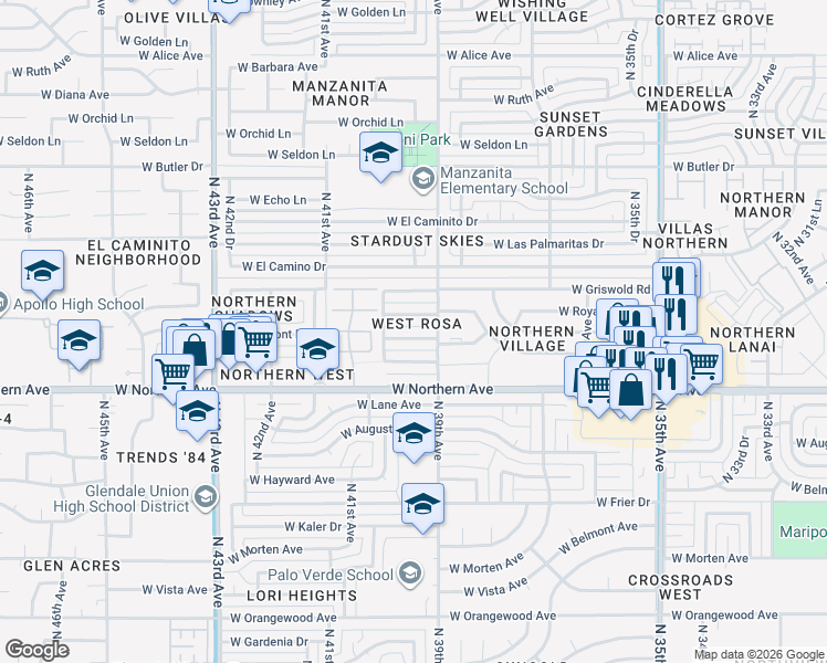 map of restaurants, bars, coffee shops, grocery stores, and more near 3932 West Harmont Drive in Phoenix