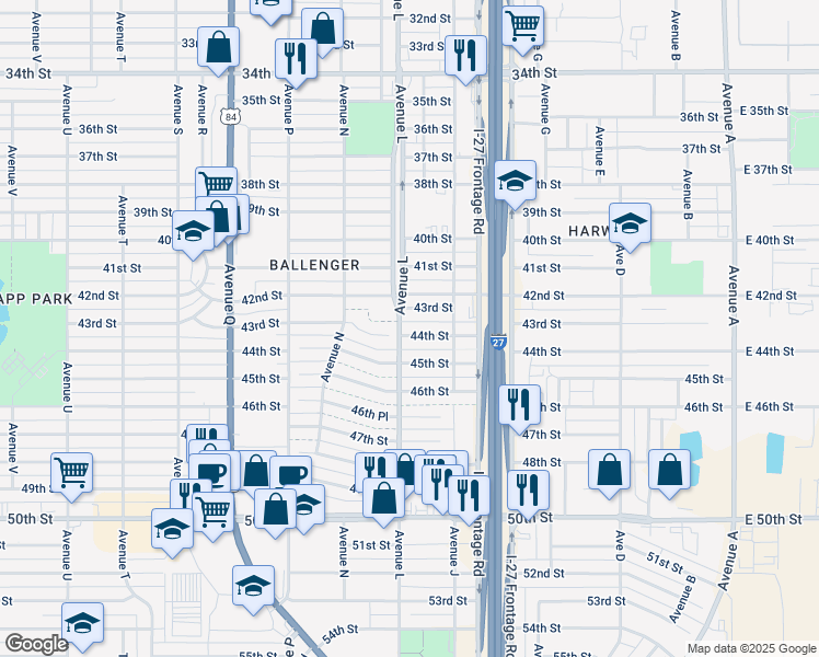 map of restaurants, bars, coffee shops, grocery stores, and more near 1120 44th Street in Lubbock