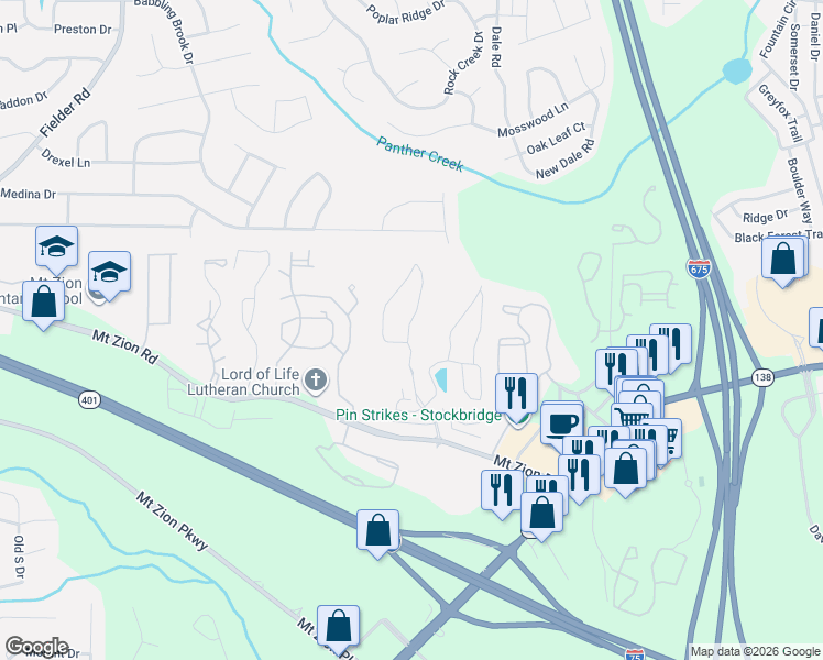 map of restaurants, bars, coffee shops, grocery stores, and more near 3384 Mount Zion Road in Stockbridge