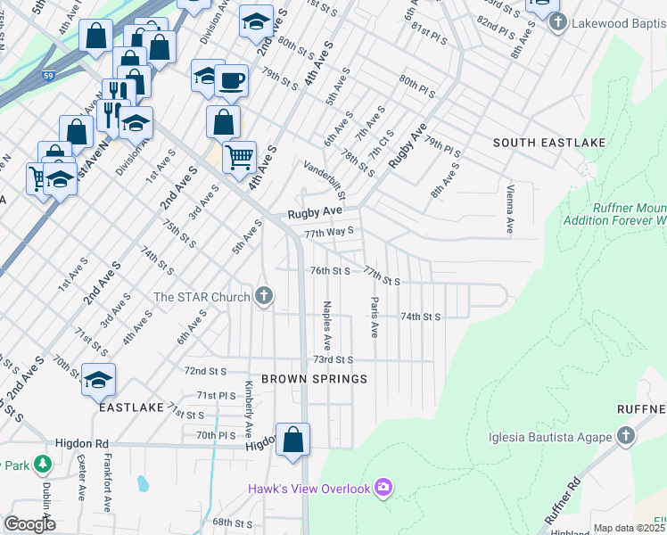 map of restaurants, bars, coffee shops, grocery stores, and more near 7601 Naples Avenue in Birmingham