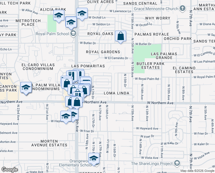 map of restaurants, bars, coffee shops, grocery stores, and more near 1630 West Harmont Drive in Phoenix