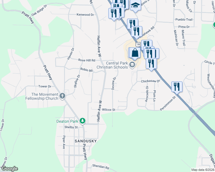 map of restaurants, bars, coffee shops, grocery stores, and more near 1207 Heflin Avenue West in Birmingham