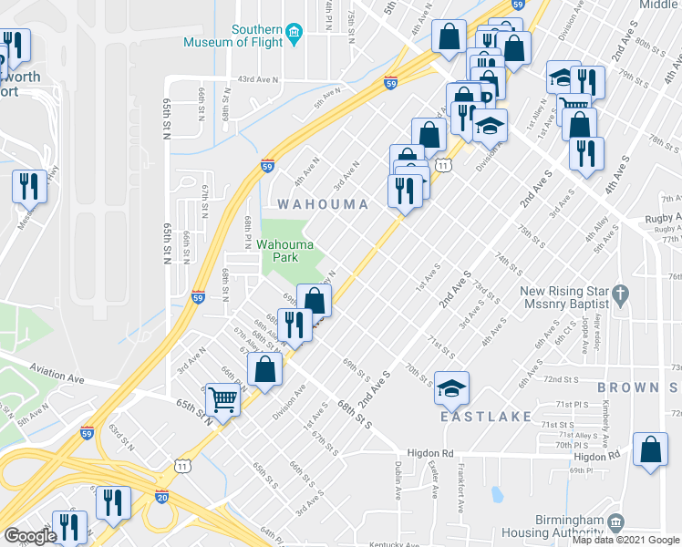map of restaurants, bars, coffee shops, grocery stores, and more near 7032 1st Avenue North in Birmingham