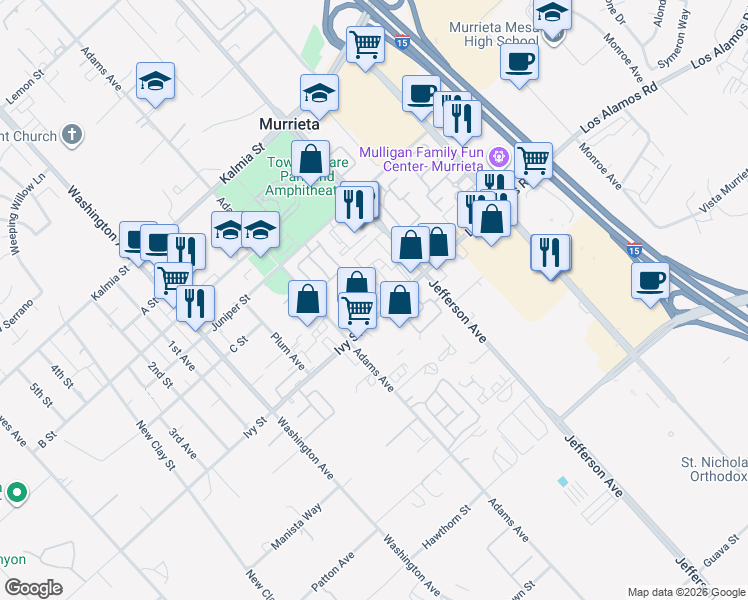 map of restaurants, bars, coffee shops, grocery stores, and more near 41667 Ivy Street in Murrieta