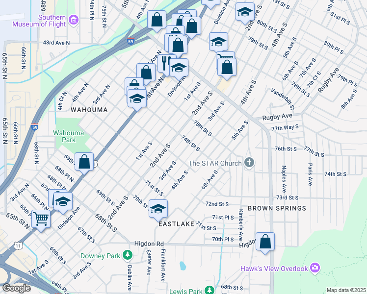 map of restaurants, bars, coffee shops, grocery stores, and more near 7320 3rd Avenue South in Birmingham