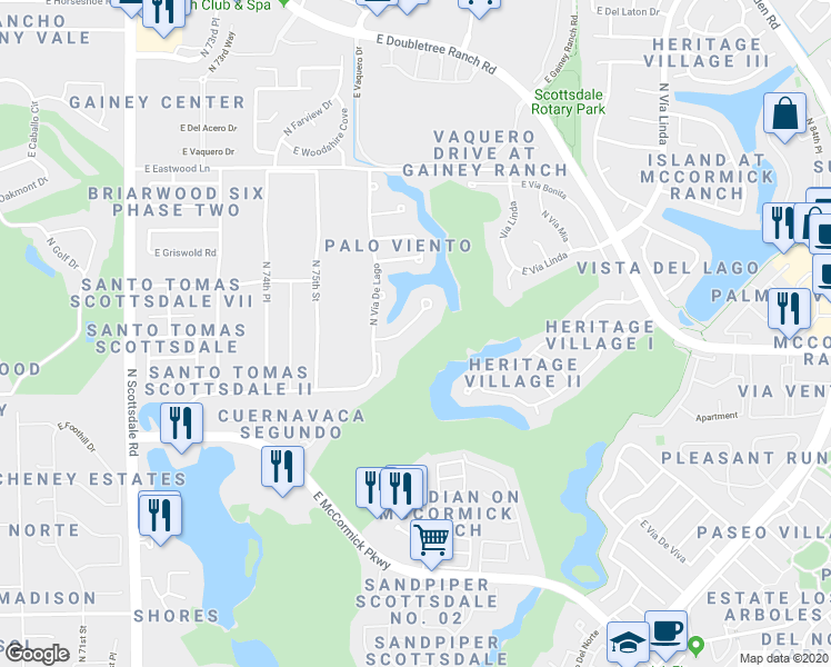 map of restaurants, bars, coffee shops, grocery stores, and more near 7625 East Vía Del Placito in Scottsdale