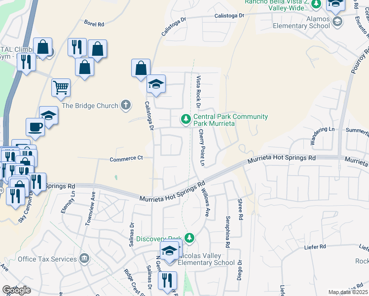 map of restaurants, bars, coffee shops, grocery stores, and more near 38924 Burton Creek Lane in Murrieta