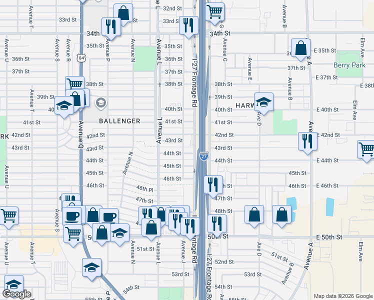 map of restaurants, bars, coffee shops, grocery stores, and more near 1104 44th Street in Lubbock