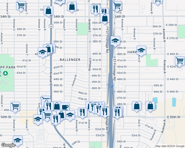 map of restaurants, bars, coffee shops, grocery stores, and more near 1120 44th Street in Lubbock