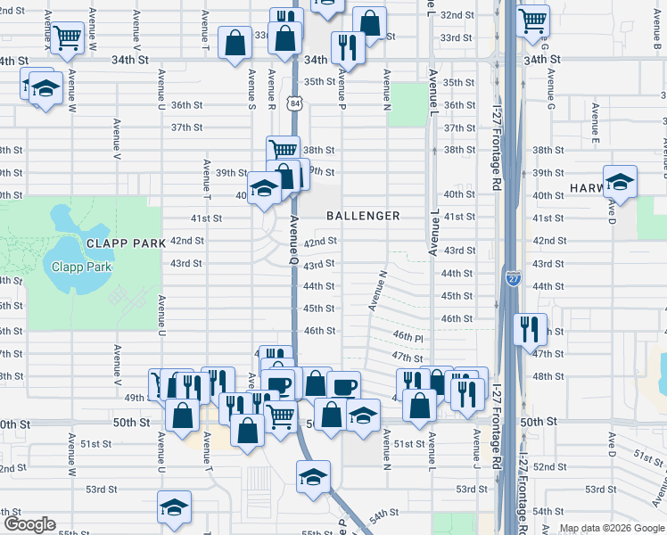 map of restaurants, bars, coffee shops, grocery stores, and more near 1517 43rd Street in Lubbock