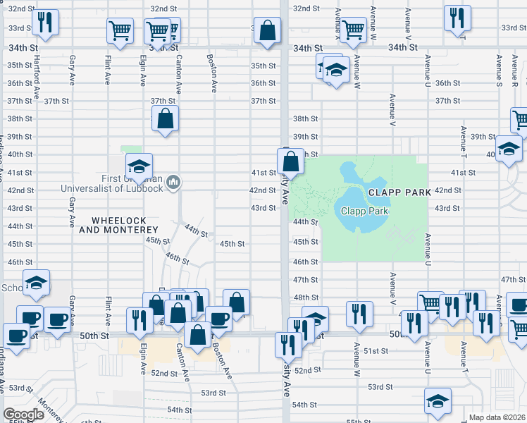 map of restaurants, bars, coffee shops, grocery stores, and more near 2519 43rd Street in Lubbock