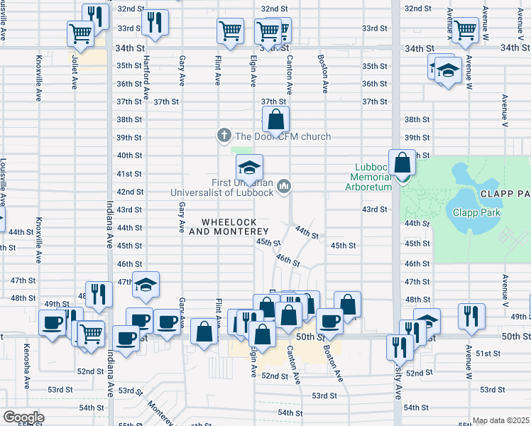 map of restaurants, bars, coffee shops, grocery stores, and more near 2816 43rd Street in Lubbock