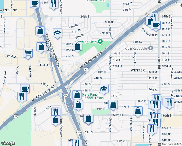 map of restaurants, bars, coffee shops, grocery stores, and more near 5614 Brownfield Drive in Lubbock