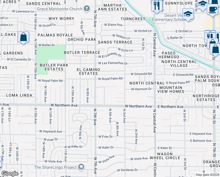 map of restaurants, bars, coffee shops, grocery stores, and more near 341 West Harmont Drive in Phoenix