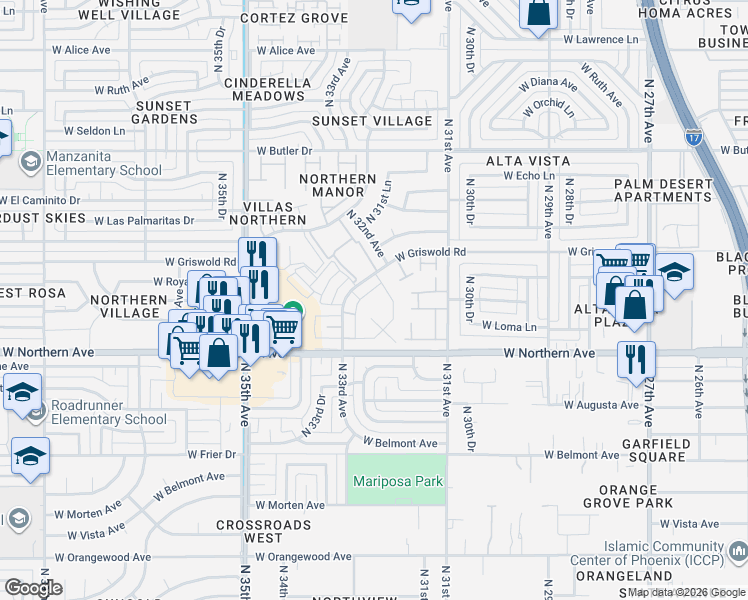 map of restaurants, bars, coffee shops, grocery stores, and more near 8056 North 32nd Lane in Phoenix