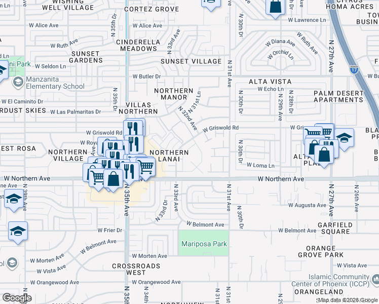 map of restaurants, bars, coffee shops, grocery stores, and more near 8056 North 32nd Lane in Phoenix