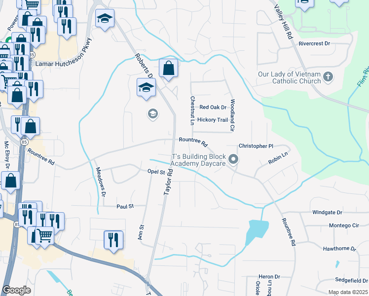 map of restaurants, bars, coffee shops, grocery stores, and more near 7309 Rountree Court in Riverdale