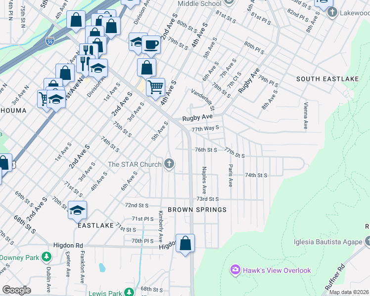 map of restaurants, bars, coffee shops, grocery stores, and more near 7600 Oporto Madrid Boulevard in Birmingham