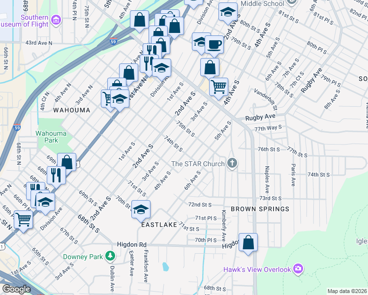 map of restaurants, bars, coffee shops, grocery stores, and more near 7400 4th Avenue South in Birmingham