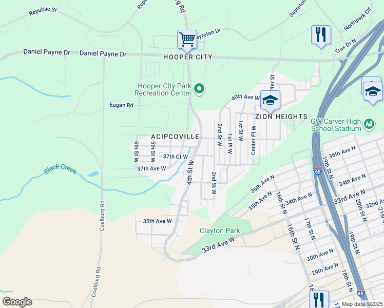 map of restaurants, bars, coffee shops, grocery stores, and more near 3717 4th Street West in Birmingham