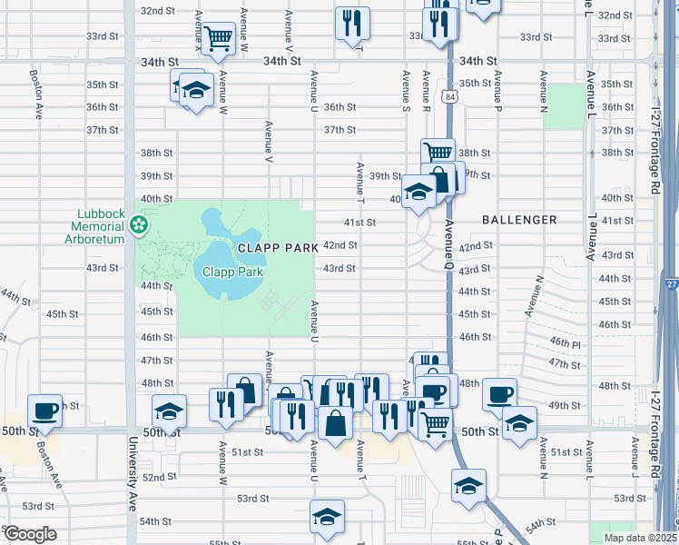map of restaurants, bars, coffee shops, grocery stores, and more near 2009 43rd Street in Lubbock