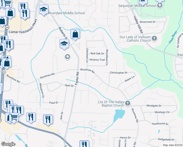 map of restaurants, bars, coffee shops, grocery stores, and more near 276 Rountree Road in Riverdale