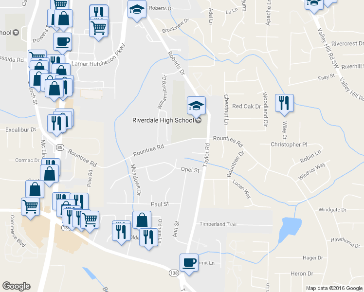 map of restaurants, bars, coffee shops, grocery stores, and more near 386 Rountree Rd in Riverdale