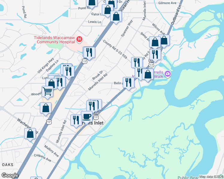map of restaurants, bars, coffee shops, grocery stores, and more near 17 Cottage Drive in Murrells Inlet