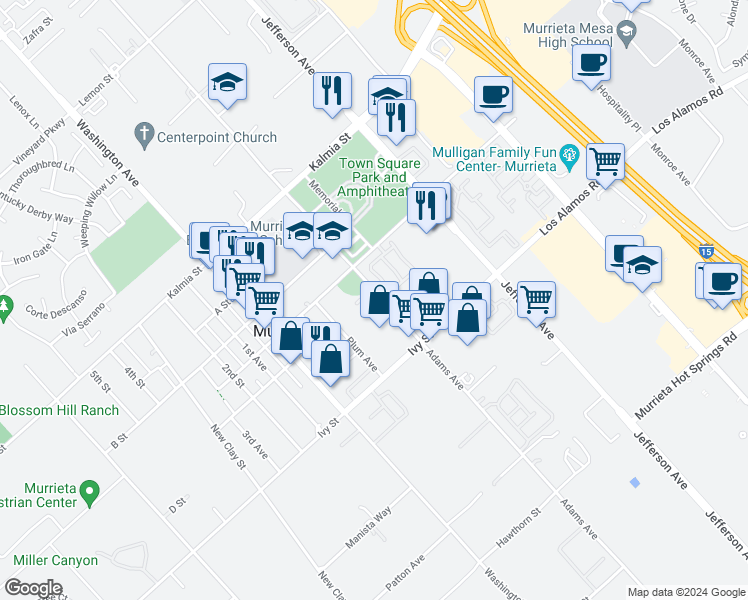 map of restaurants, bars, coffee shops, grocery stores, and more near 24873 Adams Avenue in Murrieta
