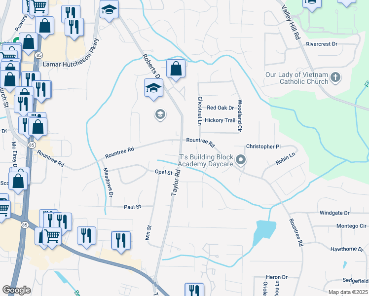 map of restaurants, bars, coffee shops, grocery stores, and more near 7308 Taylor Road in Riverdale