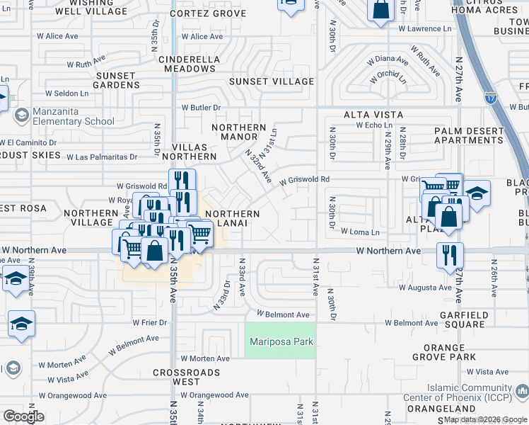map of restaurants, bars, coffee shops, grocery stores, and more near 8056 North 32nd Lane in Phoenix