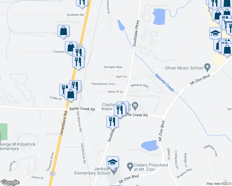 map of restaurants, bars, coffee shops, grocery stores, and more near 1543 Arbor Place Drive in Morrow