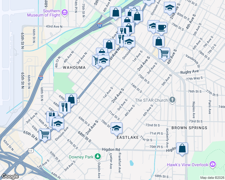 map of restaurants, bars, coffee shops, grocery stores, and more near 7207 1st Avenue South in Birmingham