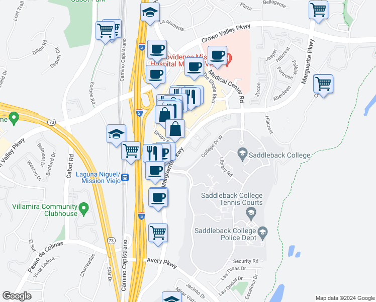 map of restaurants, bars, coffee shops, grocery stores, and more near 28050 Marguerite Parkway in Mission Viejo