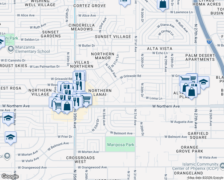 map of restaurants, bars, coffee shops, grocery stores, and more near 8056 North 32nd Lane in Phoenix