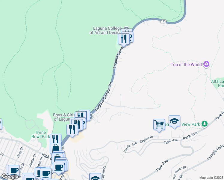 map of restaurants, bars, coffee shops, grocery stores, and more near 1590 Arroyo Drive in Laguna Beach