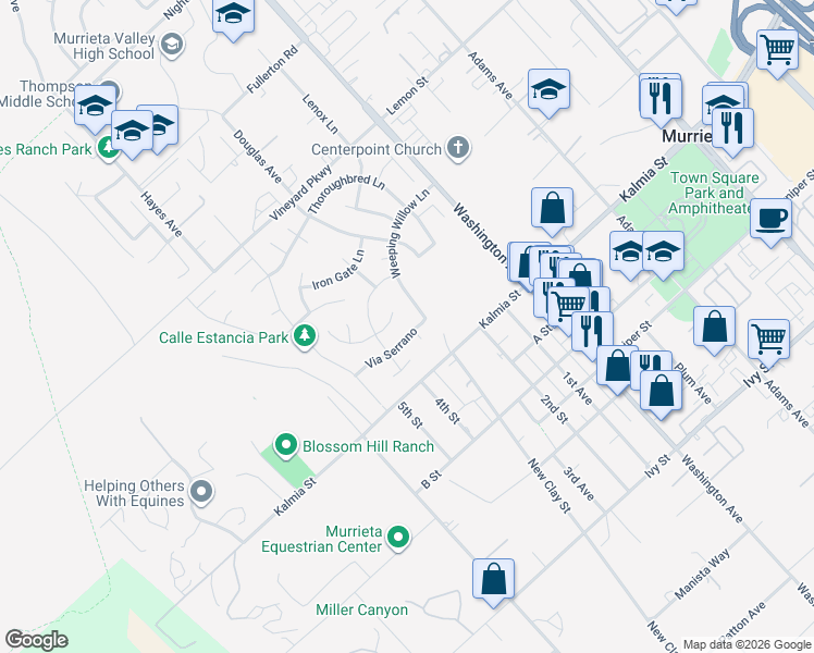 map of restaurants, bars, coffee shops, grocery stores, and more near 42477 Via Serrano in Murrieta