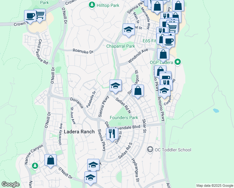 map of restaurants, bars, coffee shops, grocery stores, and more near 6 Solstice Drive in Ladera Ranch