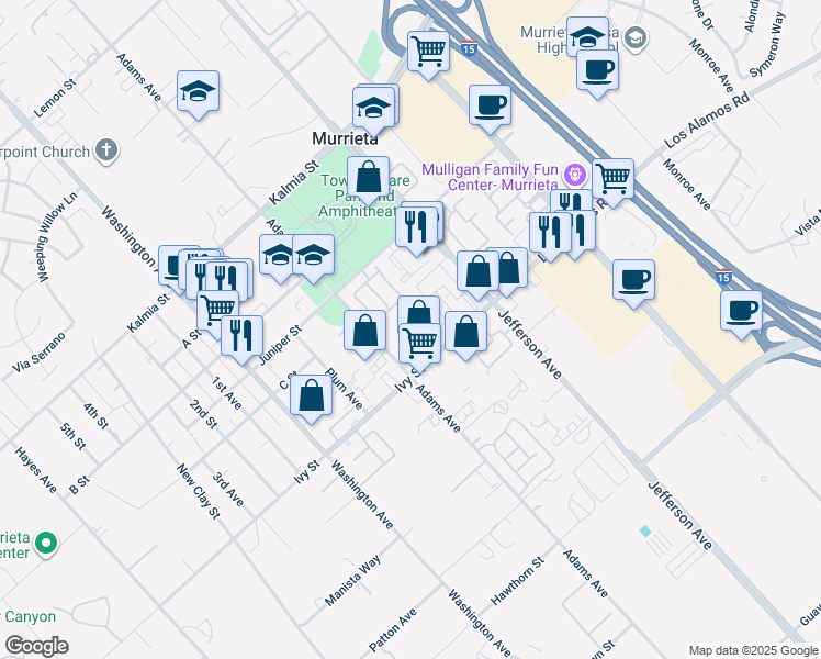 map of restaurants, bars, coffee shops, grocery stores, and more near 24960 Adams Avenue in Murrieta