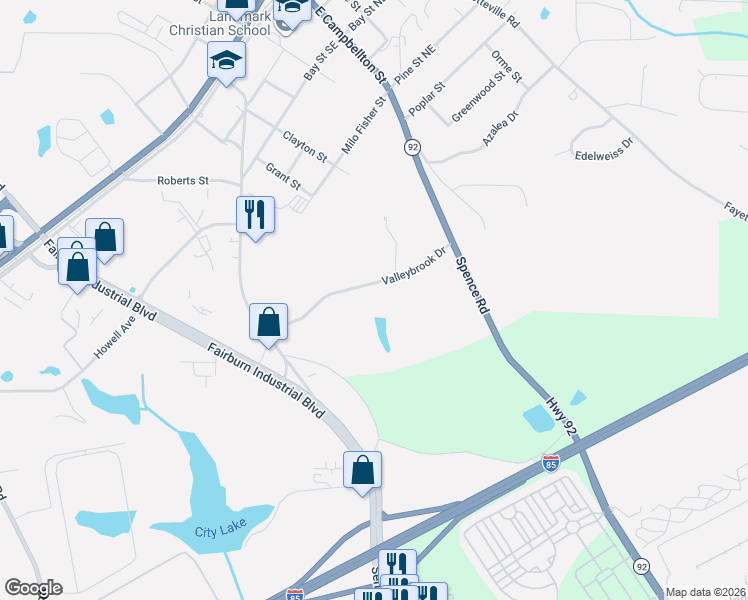 map of restaurants, bars, coffee shops, grocery stores, and more near 120 Valleybrook Drive in Fairburn