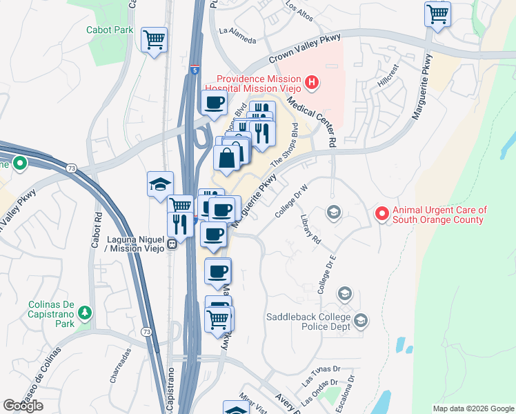 map of restaurants, bars, coffee shops, grocery stores, and more near 28050 Marguerite Parkway in Mission Viejo