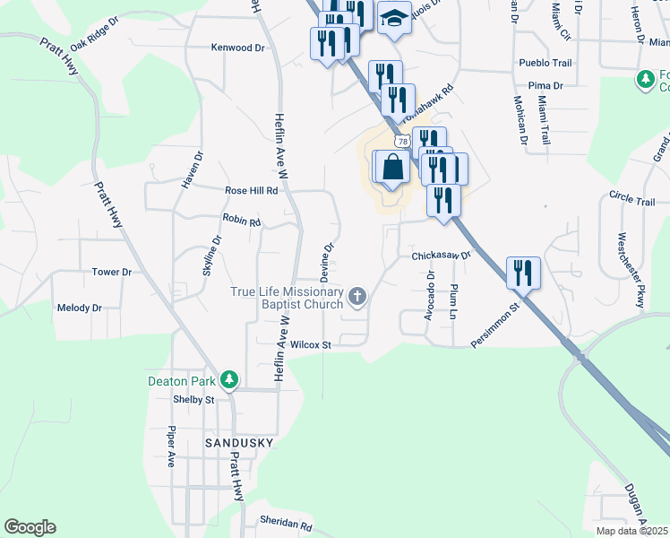 map of restaurants, bars, coffee shops, grocery stores, and more near 1209 Devine Drive in Birmingham