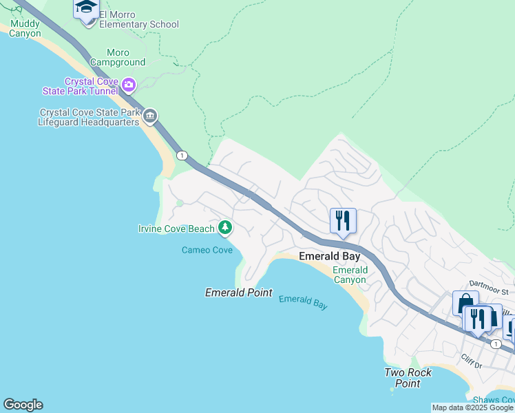 map of restaurants, bars, coffee shops, grocery stores, and more near 2460 Monaco Drive in Laguna Beach