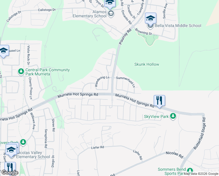 map of restaurants, bars, coffee shops, grocery stores, and more near 38954 Autumn Woods Road in Murrieta